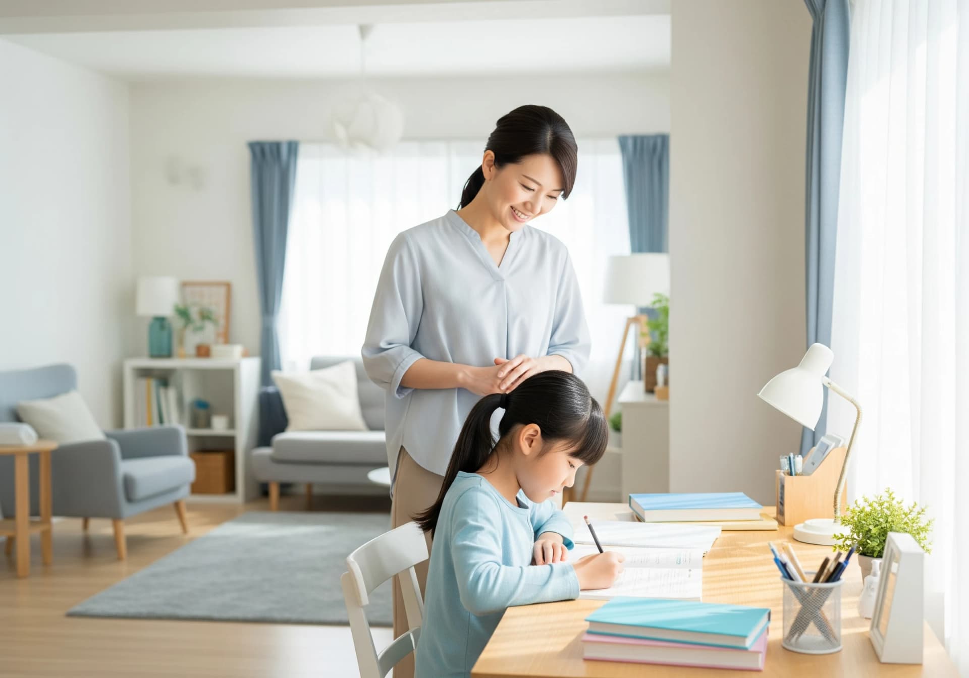 自宅で英検対策に取り組む小学生と見守る保護者