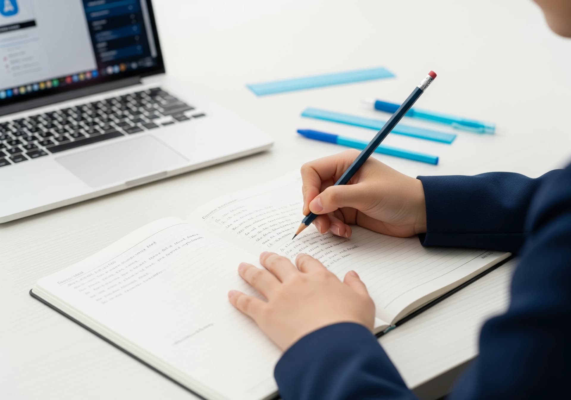 ノートに英語の練習を書き込む生徒の手元